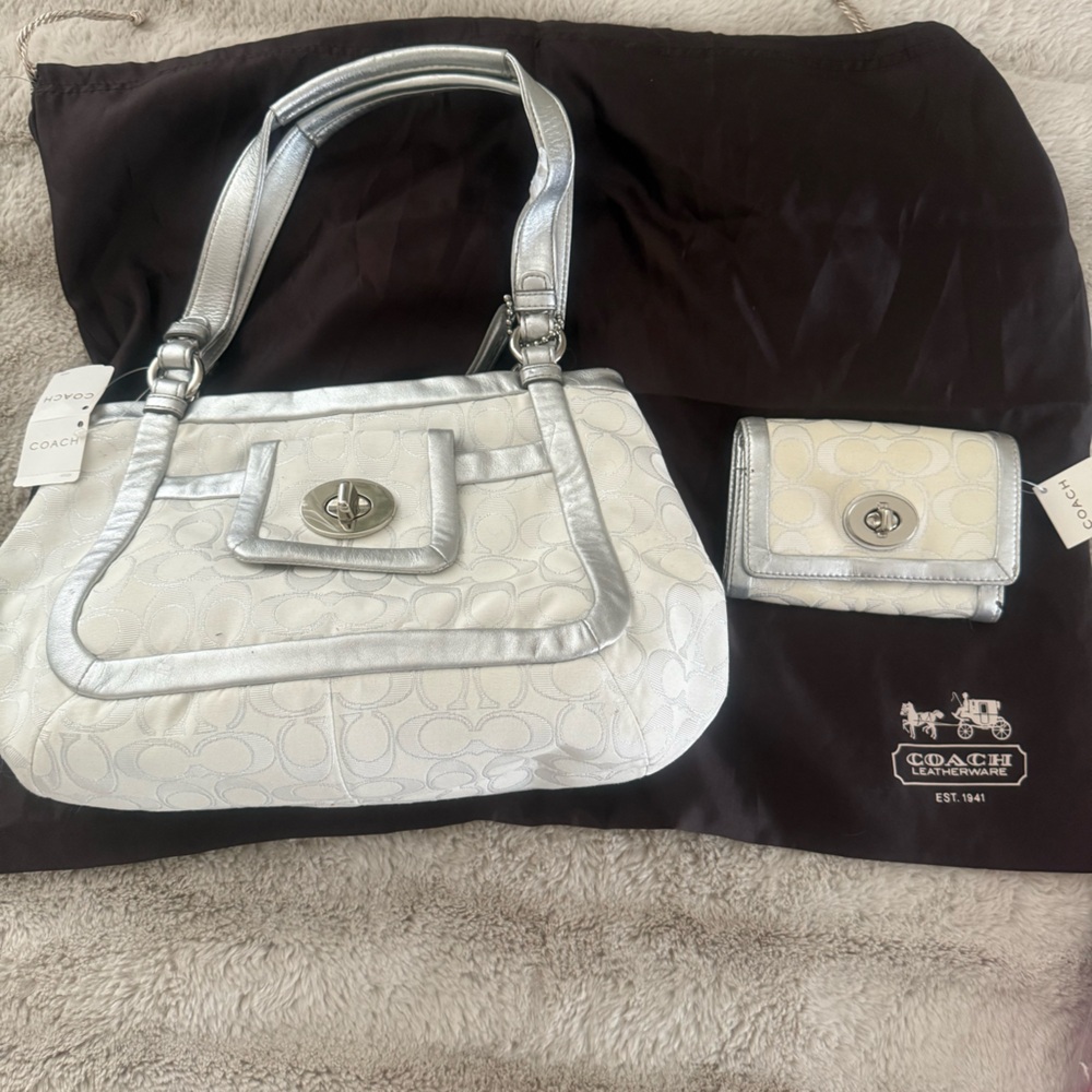 Coach white and silver purse and wallet